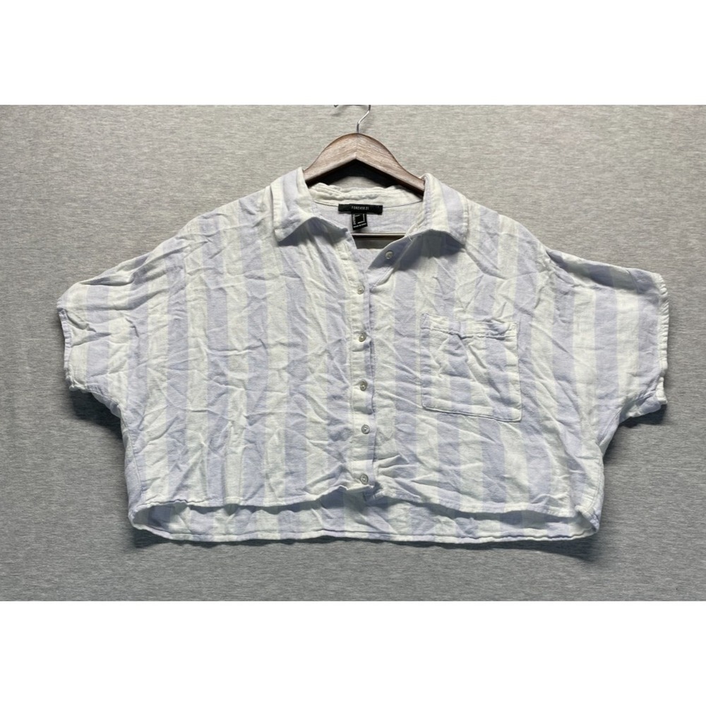 Forever 21 Cropped Shirt Womens Small Blue White Striped Dolman Sleeve Button Up